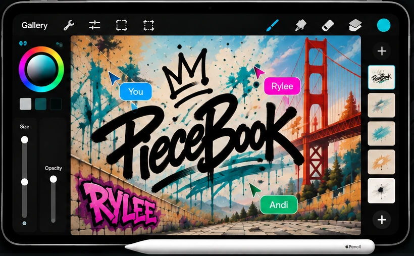 PieceBook iPad drawing interface with You, Rylee and Andi collaborating on colorful PieceBook artwork